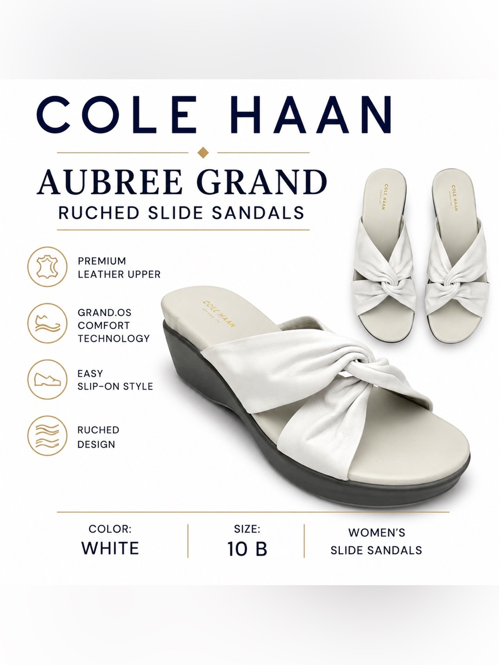 Cole Haan Aubree Grand Slide Sandals White Ruched Leather Women’s Size 10 B Used